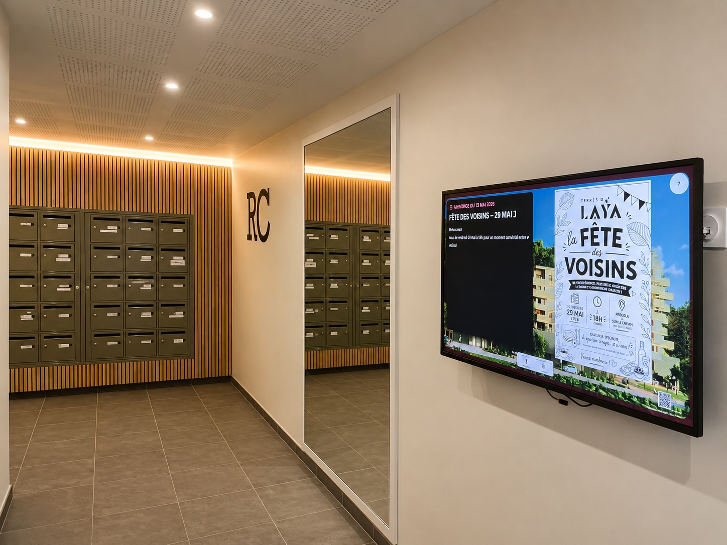 NeoInfo welcome display in a residential lobby