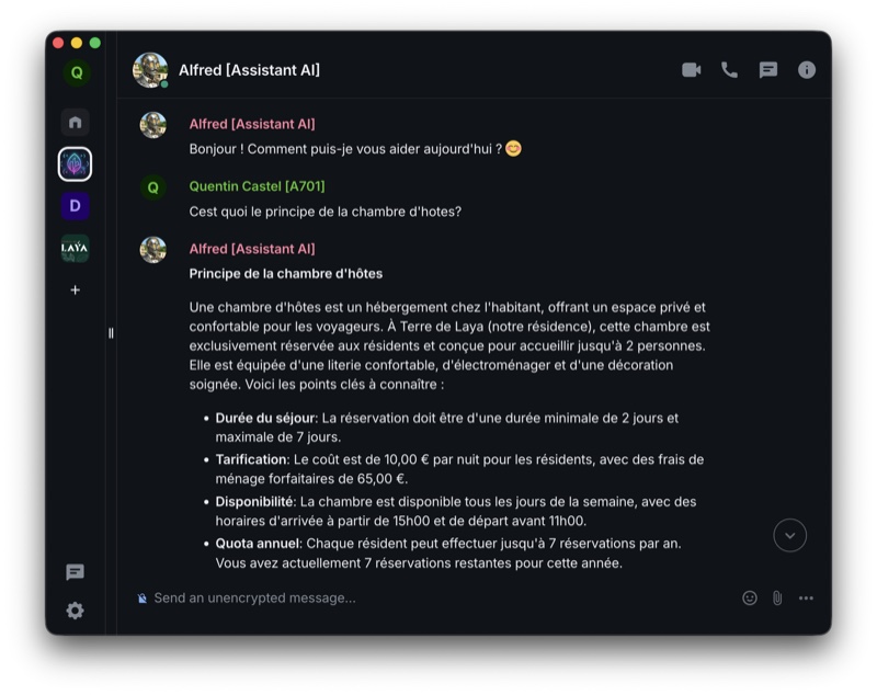 Interface Alfred — assistant IA résidents (Matrix)
