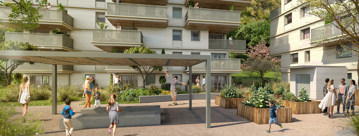 View of the Terres de Laya residence—shared spaces and contemporary buildings.